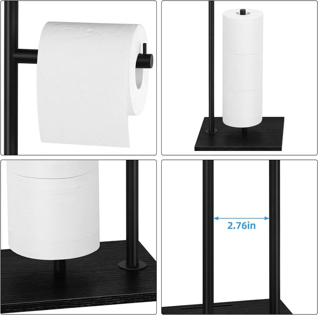 LIANTRAL Freestanding Toilet Paper Roll Dispenser, Toilet Paper Holder Stand with Top Storage Plate, Black Metal Frame, Black Patterned Plate