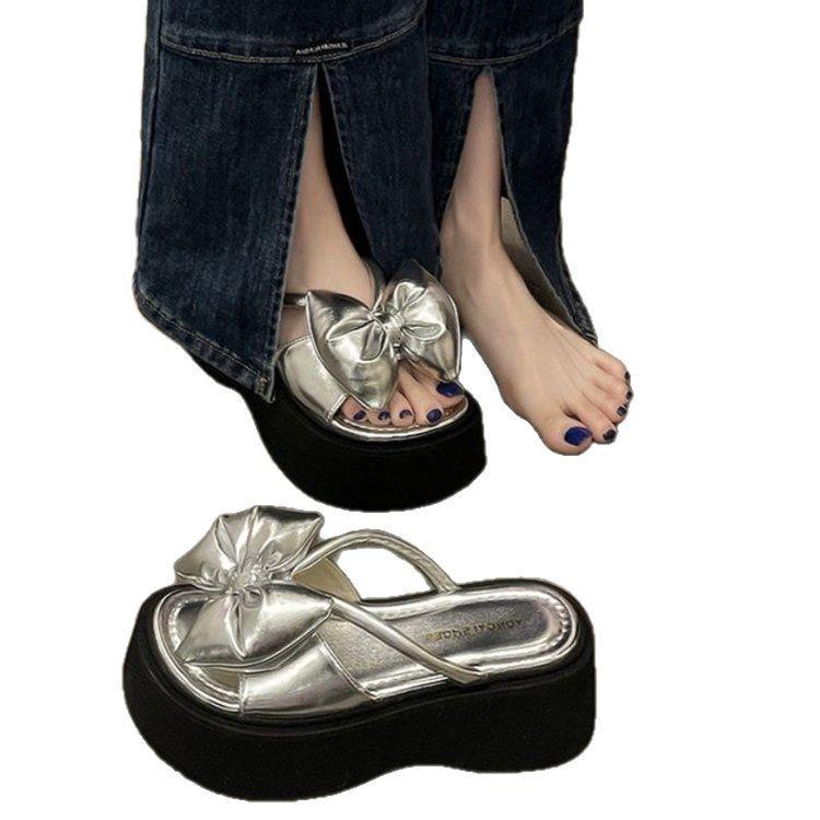 Bow Thick Bottom Heightening 7CM Slippers Women's Summer Wear Fashion Fairy Style 2025 New One-word Sandals