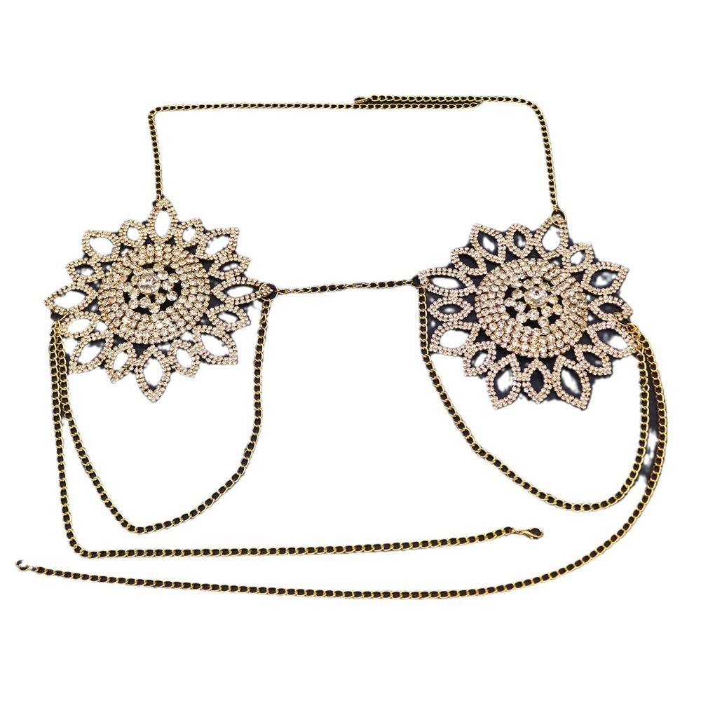 European And American Sexy Sunflower Rhinestone Body Chain, Personalized Nightclub Diamond-Encrusted Bra Thong Set Accessories