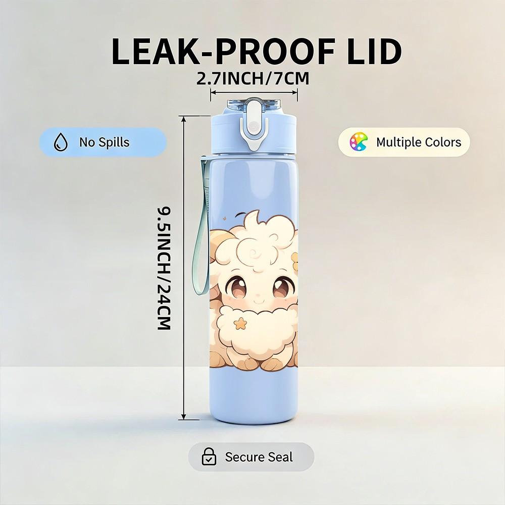 1PC Fluffy White Lamb 750ml Color Plastic Sports Water Bottle Leakproof Flip Straw Lid Suitable for Sports Office Home Use