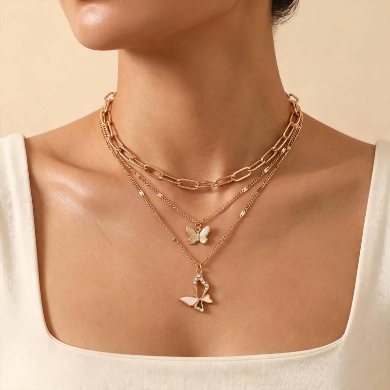 Elegant Three-Layer Butterfly Necklace for Women - High-End Retro Cold Style Hollow Clavicle Chain