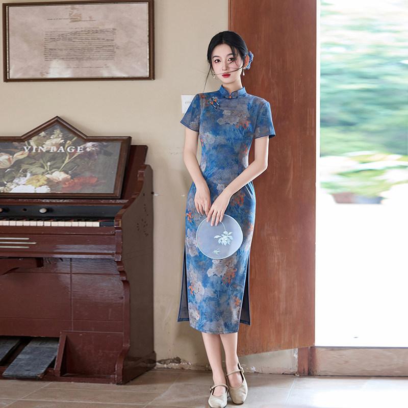 Mavi ulusal tarz yeni Çin tarzı Suzhou orta ve uzun cheongsam geliştirilmiş genç 1011 yeni kadın yüksek kaliteli his küçük adam