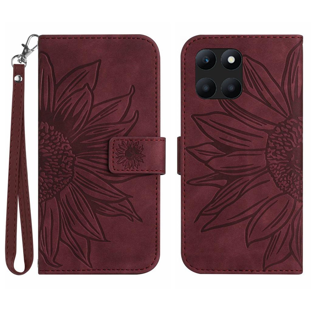HT04 For Honor X8b 4G PU Leather Phone Case Wrist Strap Sunflower Pattern Cover