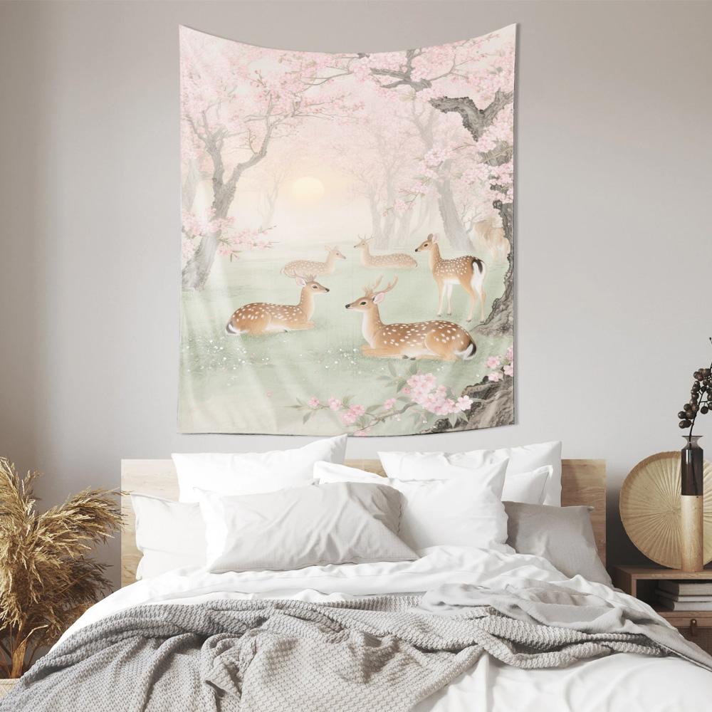 Cherry Blossom Deer Themed Tapestry Elegant Fabric Decoration Suitable for Bedroom and Living Room Walls