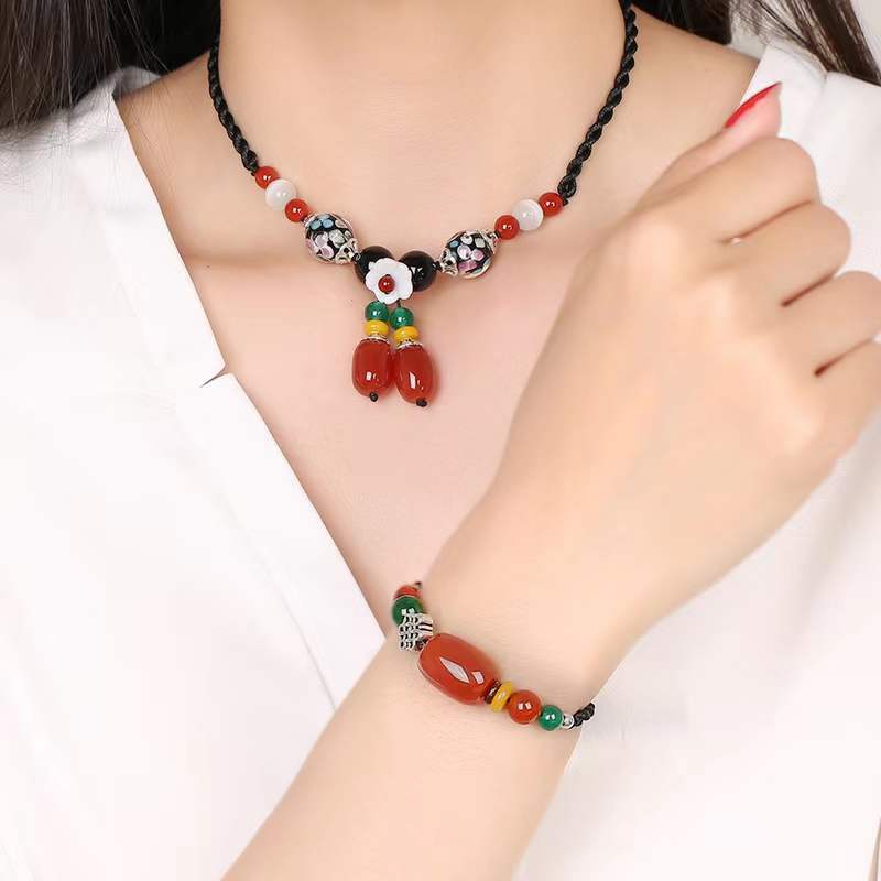 GEMCHIC Women's Ethnic Style Glass Flower Collarbone Necklace Handmade Braided Rope Choker Vintage Beaded Pendant Jewelry