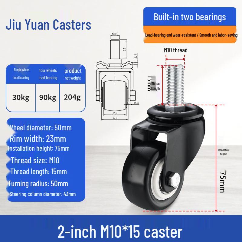 Black Heavy-Duty Swivel Casters with Brakes for Furniture, Cabinets & Industrial Use, Double Bearing Wheels