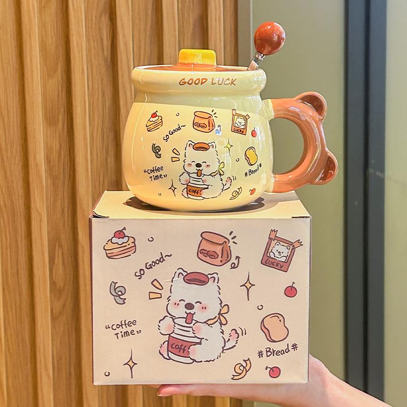 Birthday Gift Cute Cream Puppy Water Cup Girls Ceramic Mug with Lid Girlfriend Children Practical Souvenir