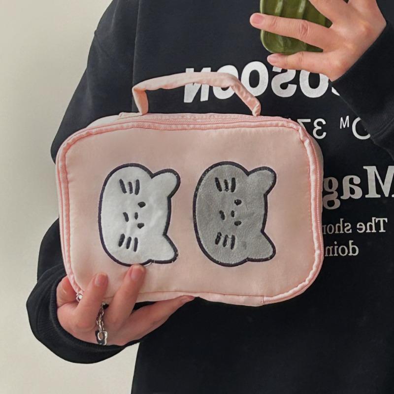 Ins Cute Cartoon Cat Cosmetic Bag Makeup Organizer Female Large Capacity Portable Wash Bag with Net Pocket Cosmetic Storage Bag