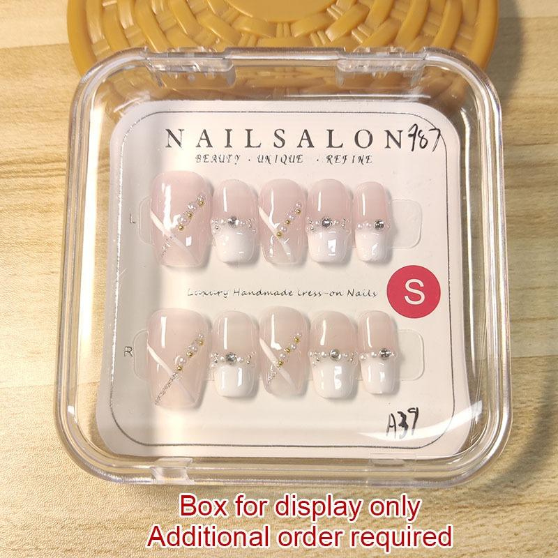 100% HANDMADE Coffin Shape Fake Nail Set With Glue Art Gentle French Milky White Nude Pink Color Contrast Pearl Line Hand-Painted Nails Reusable