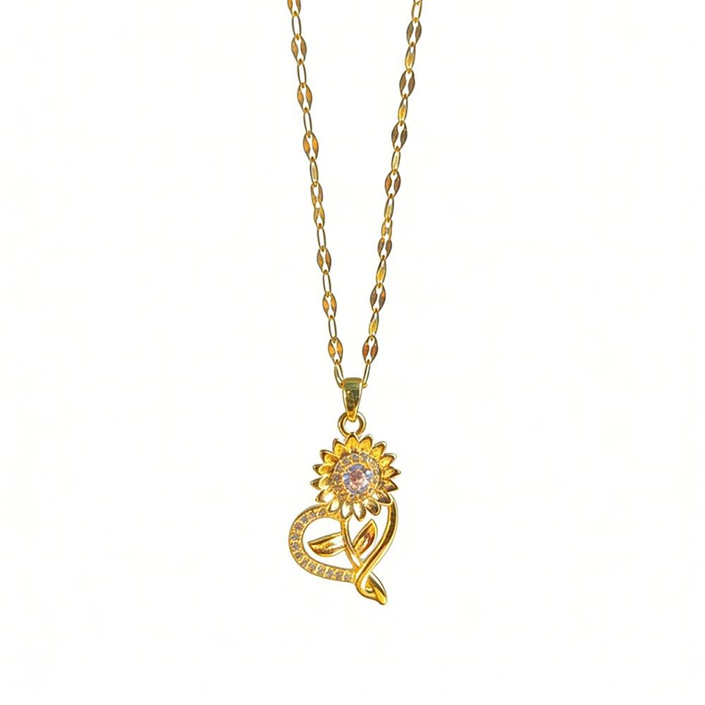 Creative Sunflower Heart Pendant Necklace - Zircon Inlaid Titanium Steel Gold Plated Floral Collarbone Chain for Women