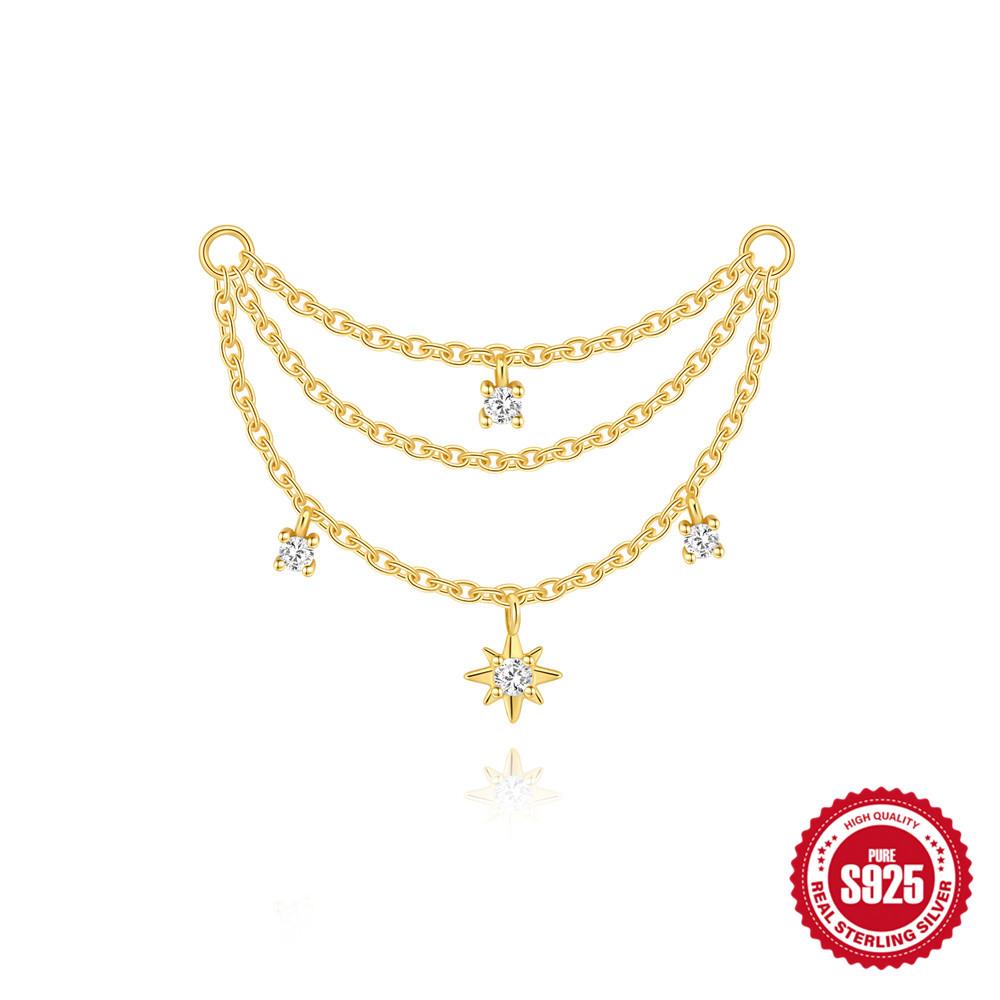 CANNER 1PC 925 Silver Eight-pointed Star CZ Piercing Earring For Women Tassel Chain Stud Earring Party Fine Jewelry