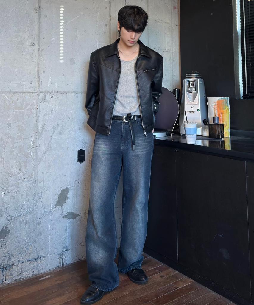 Draw Fit Russell Textured Single Leather Jacket [Black]