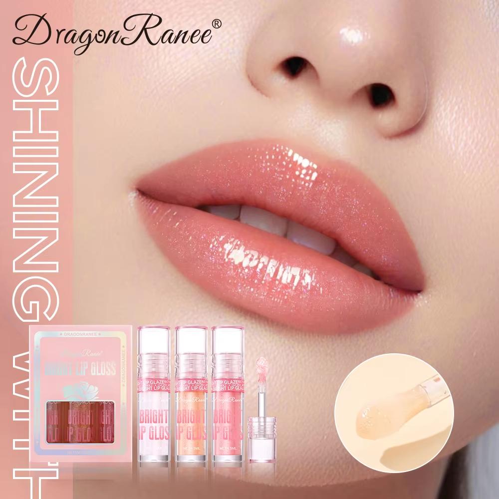 Dragon Ranee 3-Piece Pearl Shimmer Lip Gloss Set with Large Brush Applicator Glossy Mirror Finish Lip Gloss