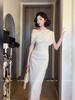 2026 Elegant Korean One-Shoulder Bodycon Dress - Spring/Summer Slim-Fit with Flowy Collar