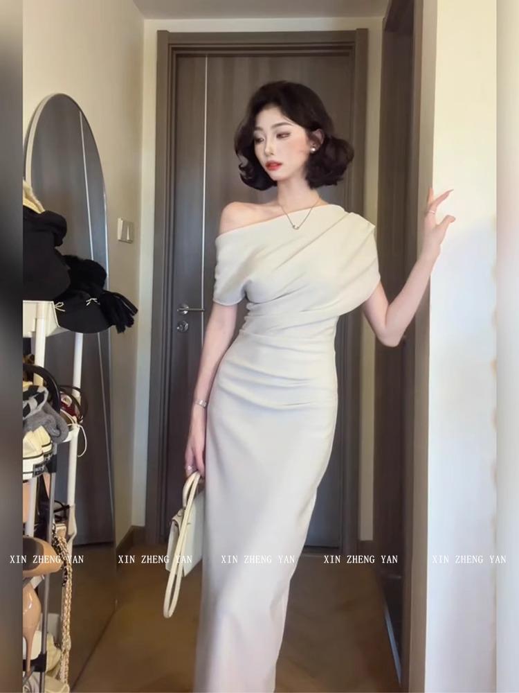2026 Elegant Korean One-Shoulder Bodycon Dress - Spring/Summer Slim-Fit with Flowy Collar
