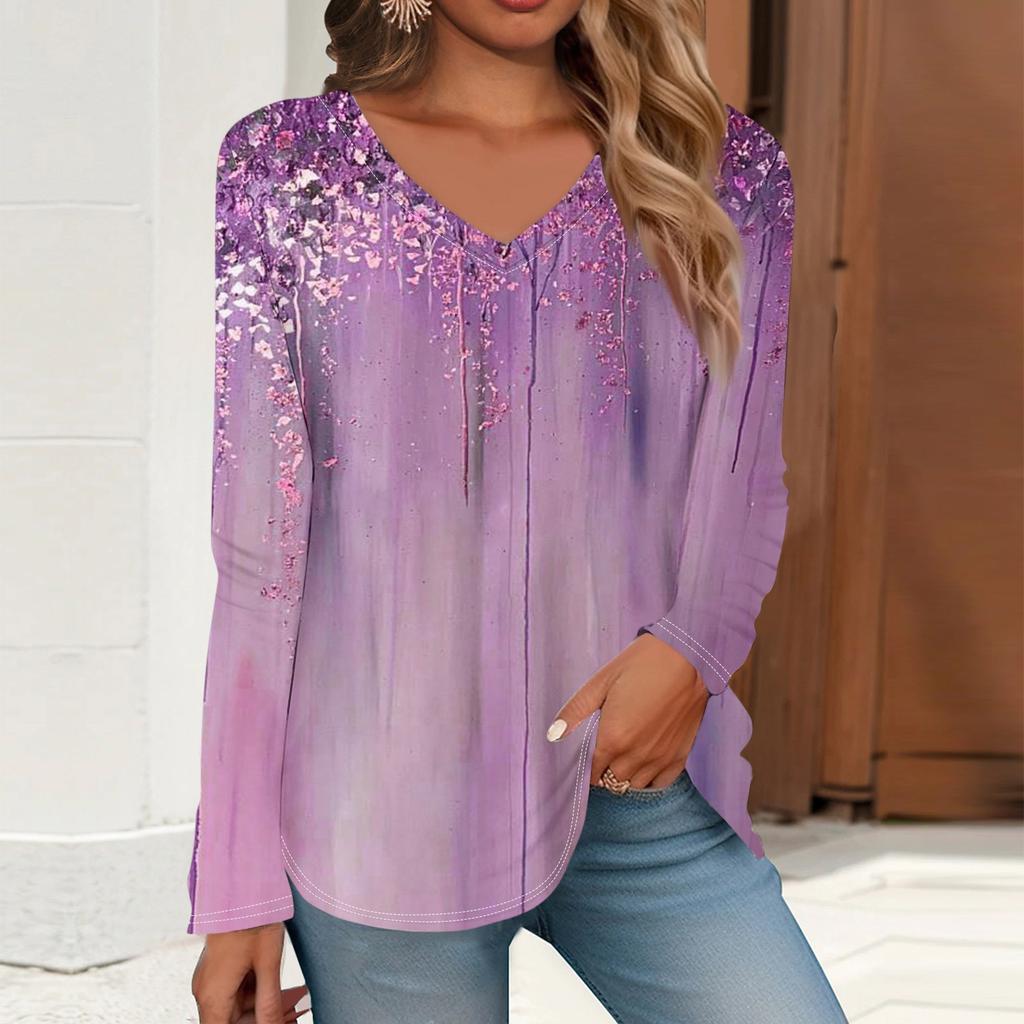 Women's T Shirt Retro Print Long Sleeve Daily Weekend Daily Basic V Neck Regular  Fall Winter Tops