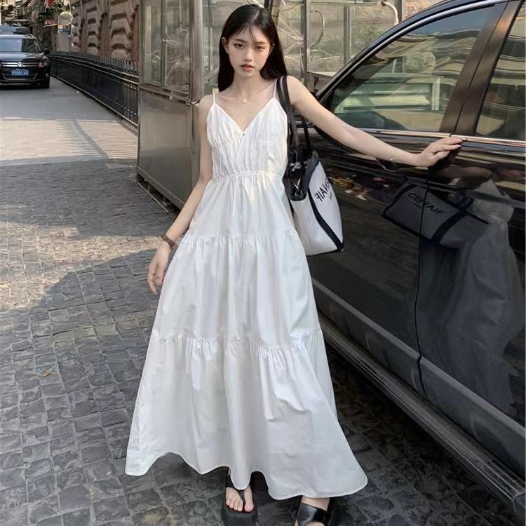 Elegant White Spaghetti Strap Summer Dress for Tall Women with Waist-Cinched Slimming Design and Flowing Mid-Length Hem