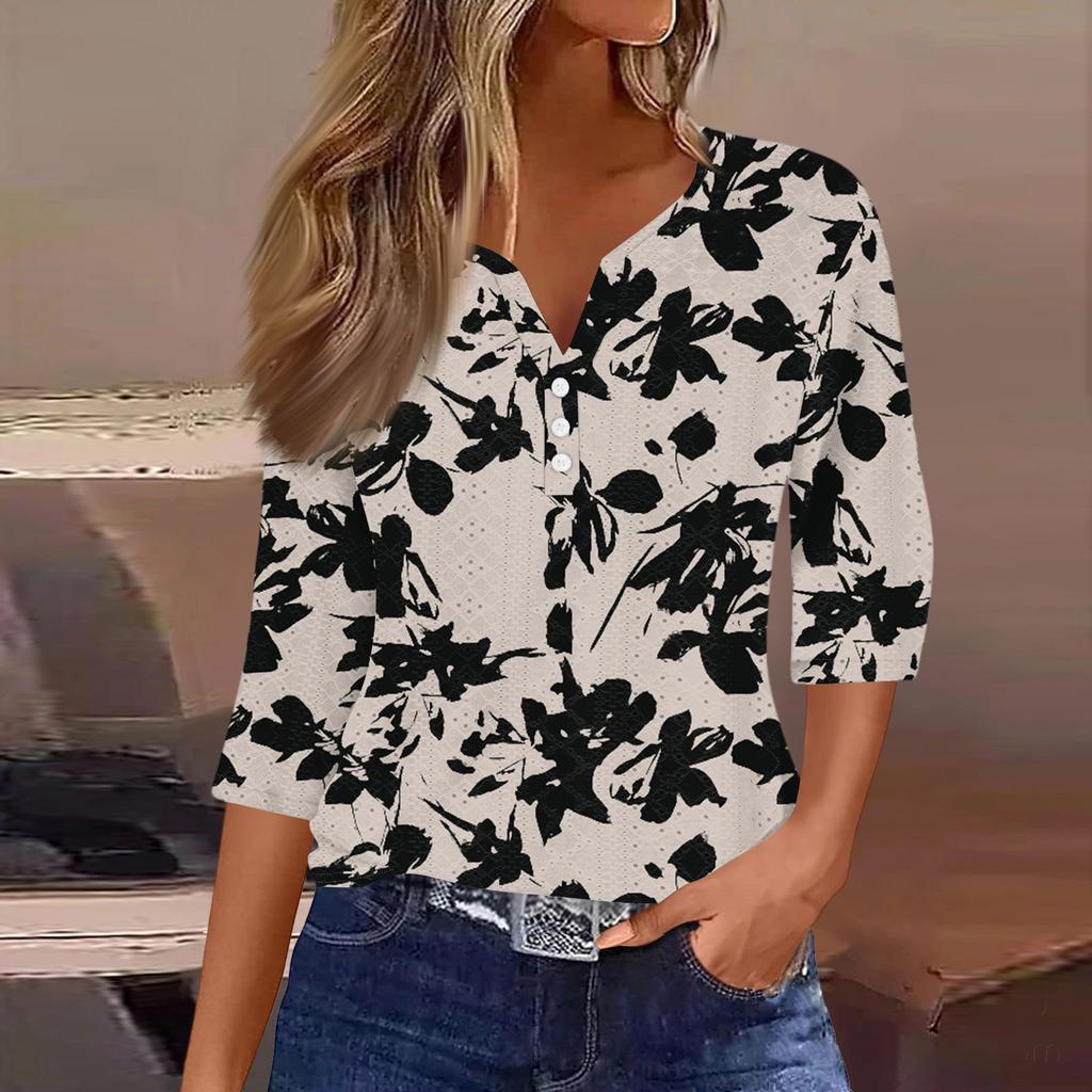 Women's T Shirt Tee Print Button  3/4 SleeveDaily Weekend Fashion Basic V- Neck Regular Top