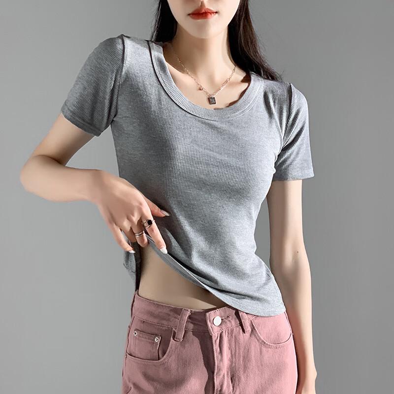 Xueqiman Damen figurbetontes geripptes Rundhals-Kurzarm-T-Shirt