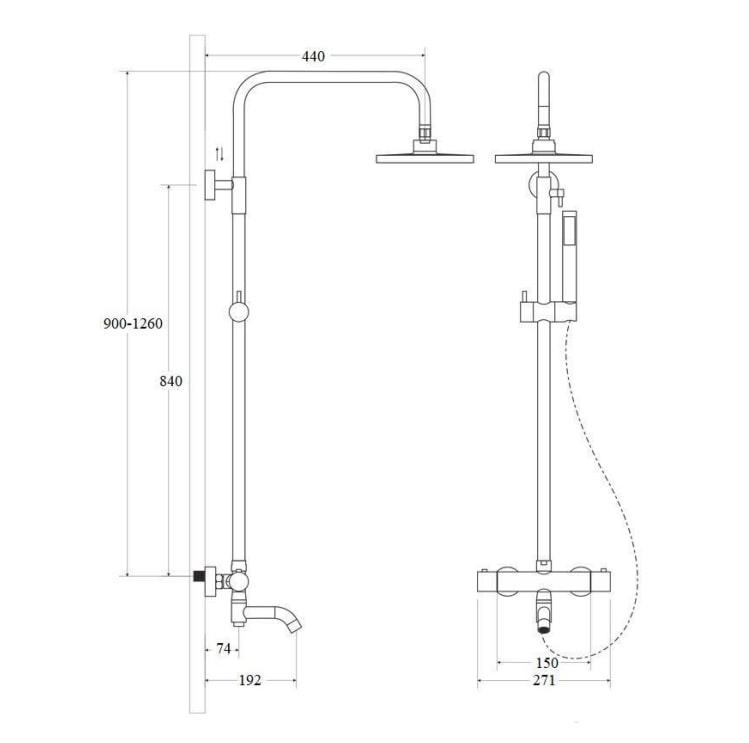 VEO I light gold surface-mounted shower set with a Besco thermostat