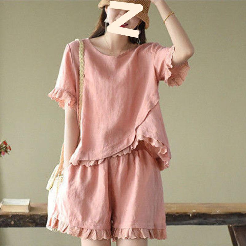 

Spring and Summer Suit Women s Summer Cotton and Linen Large Size Irregular T-shirt Loose Casual Wide-leg Shorts Two-piece Suit 3XL фіолетовий