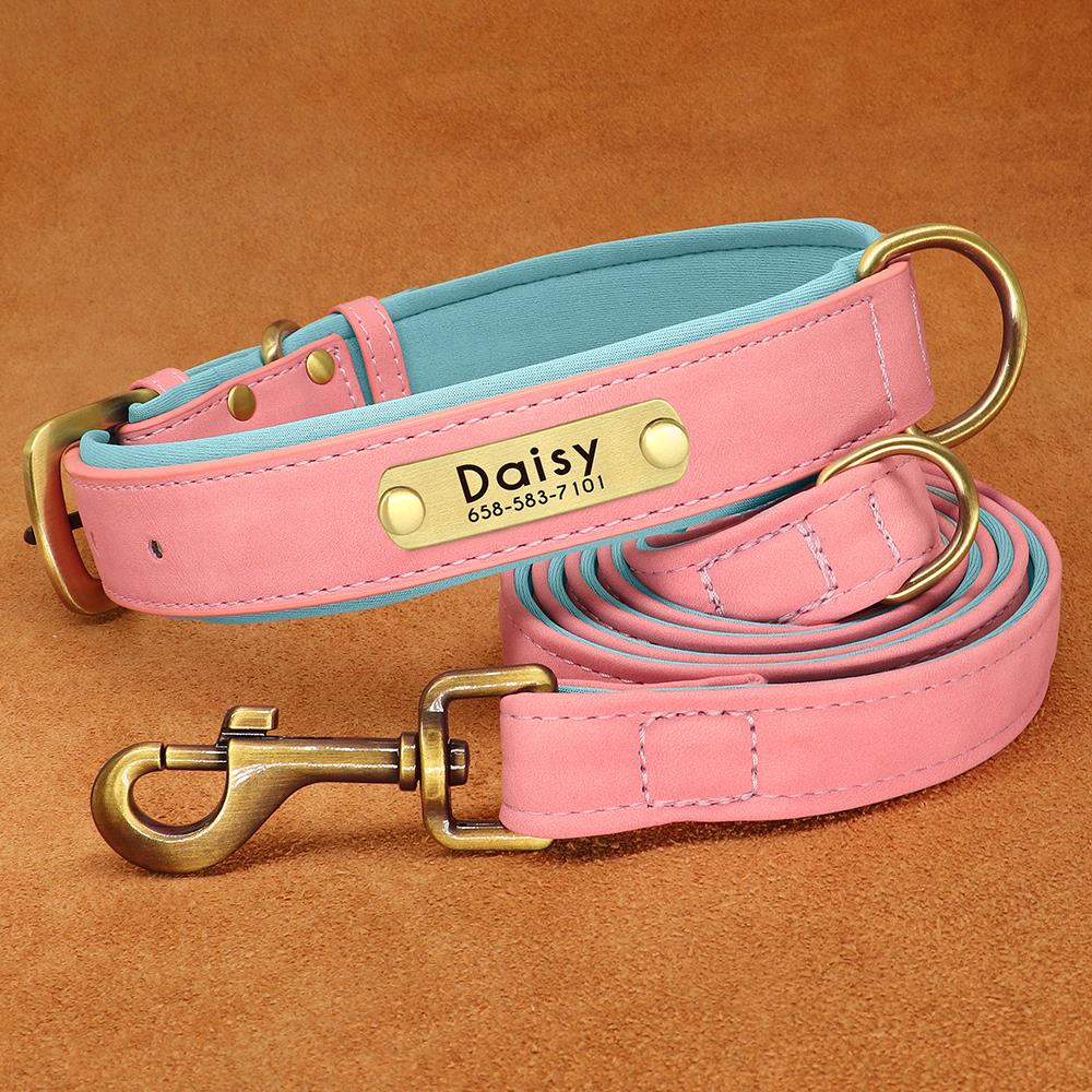 

PU Leather Dog Collar and Leash Set Soft Durable Plain Leather Dogs Collars 5ft Lead Adjustable for Small Medium Dogs Pug XS розовый