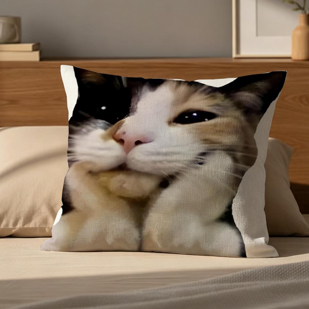 P-Funny Cat Meme Cushion Cover Natural Linen Pillowcase Set, All-In-One Decor For Sofa, Bedroom & Chair