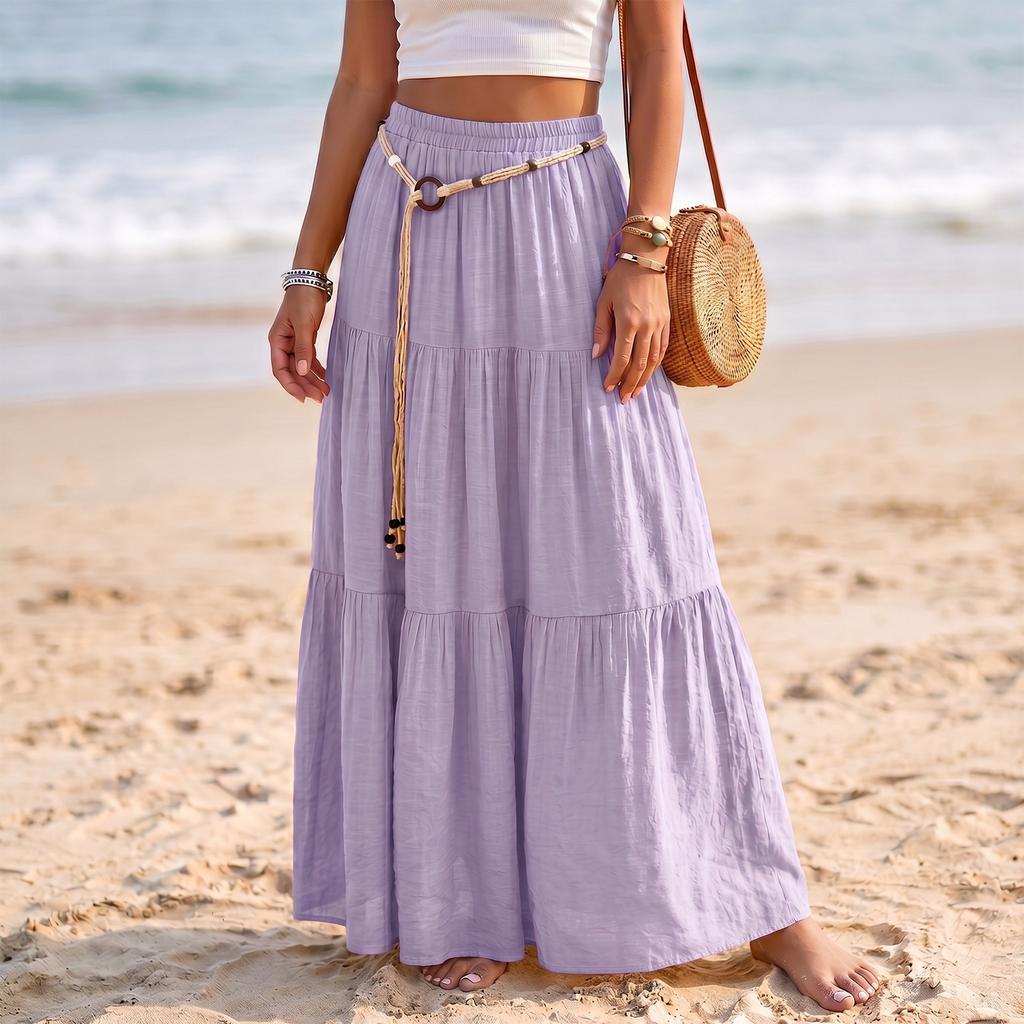 Gonna Maxi da Donna Casual a Vita Elastica, con Volant, Leggera in Cotone e Lino, Lunga, per Vacanze e Mare, Design a Linea A
