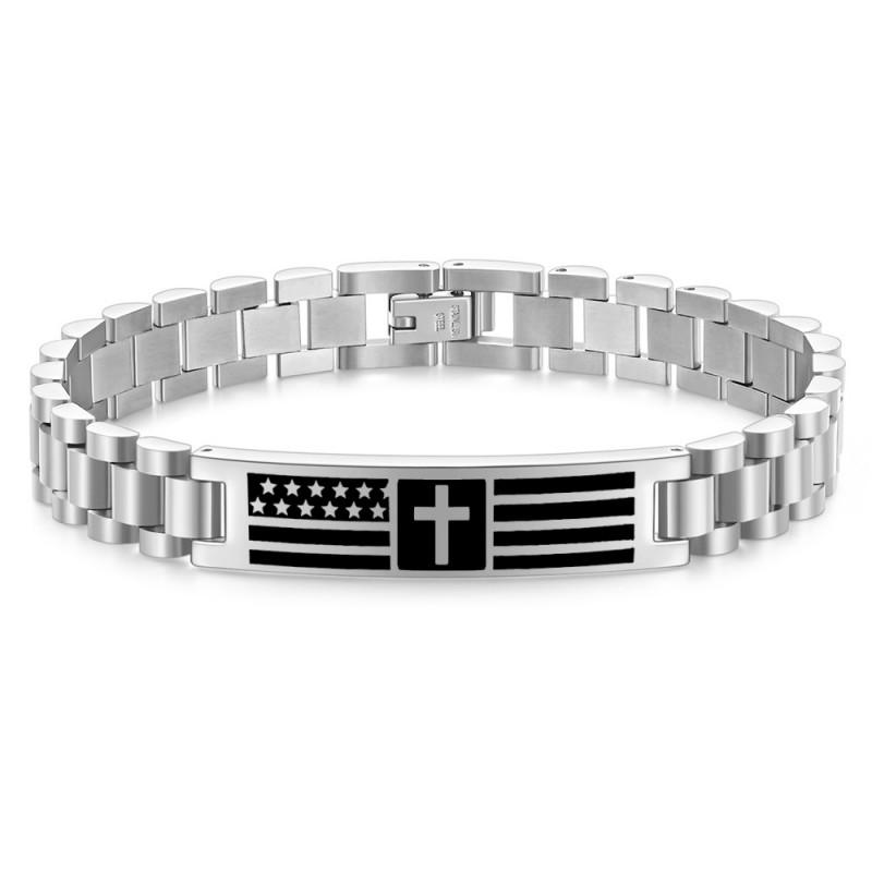 Stainless Steel Cross Pendant Bracelet With Engraved National Flag Design Men Geometric Style Adjustable Cuff Silver Cross Pendant