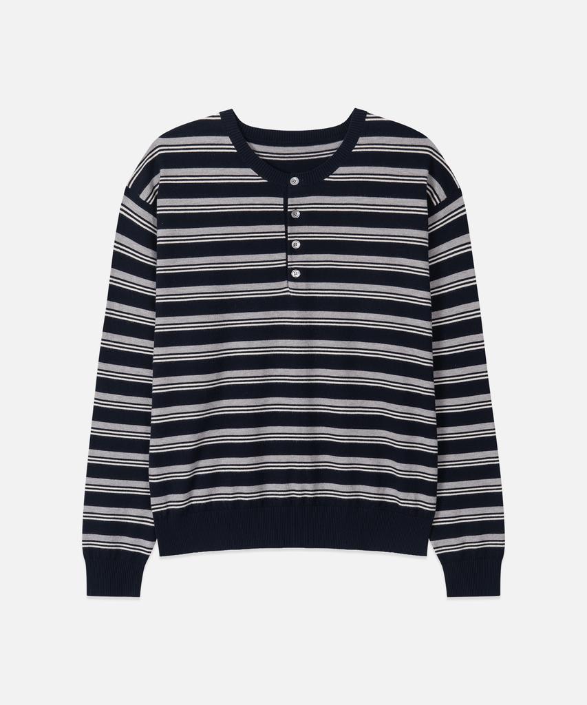 DRAW FIT Washable Striped Henley Neck Knit [Navy]