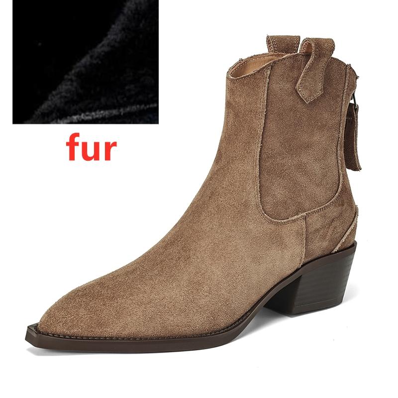 

Модные женские ботильоны AIYUQI 2025 Новые ботинки-казаки в западном стиле на блочном каблуке с острым носком и молнией для женщин 35