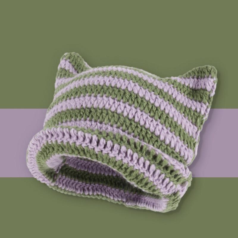Autumn Winter Woolen Hat Japanese Devil Handmade Stripe Hat Female Cat Ear Warm Knit Pullover Hat Winter