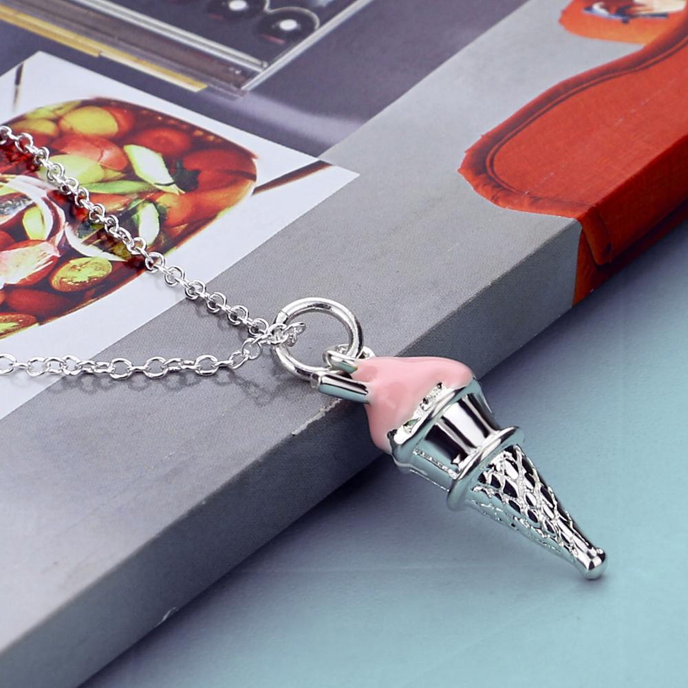 Fashion Cute 100% 925 Silver Jewelry Pink Ice Cream Pendant Necklaces 16-18 Inch Women Girl Charm Fine Choker Gift