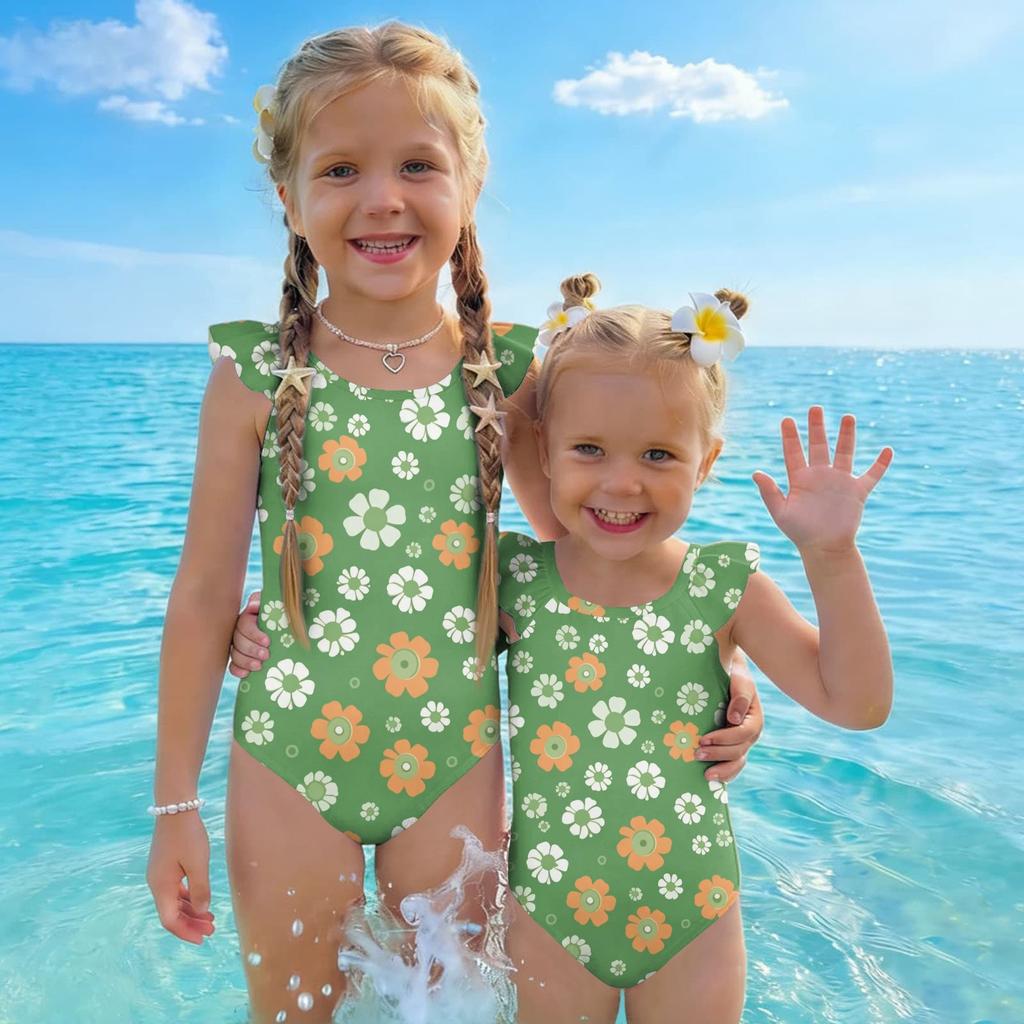 Girls One Piece Swimsuit Floral Print Sleeveless Ruffle Shoulder Design Lightweight Comfortable Fabric Suitable for Summer Beach Pool Swimwear