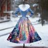 Women's Casual Dress Long-Sleeve V-Neck Patchwork Fleece Christmas Print Dress