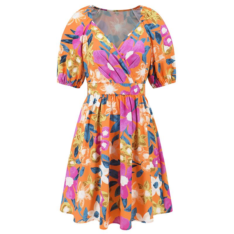 Women Summer Floral Printed V-Neck  Puff Sleeves Cut Out Casual Short Swing Dresses