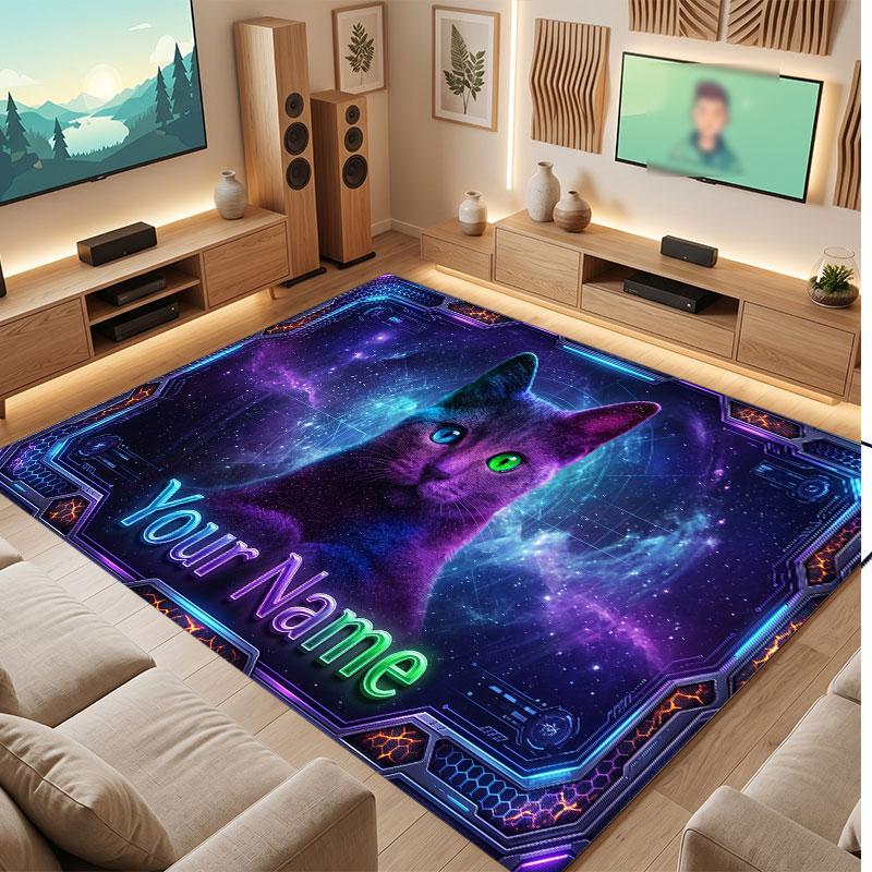 Cat Theme Crystal Velvet Floor Rug Personalized Custom Name Text Warm Carpet Home Decoration