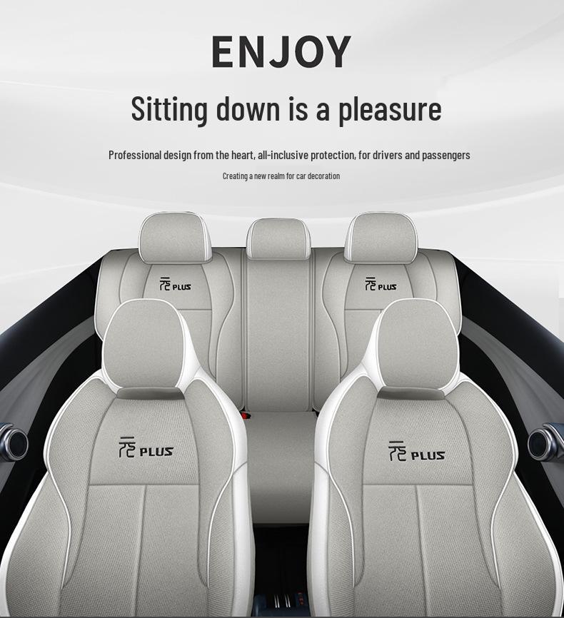 BYD Yuan PLUS Linen Cartoon Car Seat Cushion – Breathable, Full Wrap, Four Seasons Universal Cover.