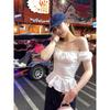 Moon White Tea Super Nice French style Pure Desire Style Sweet Lace Design Sense Waist Hugging Puff sleeve off-Shoulder Top