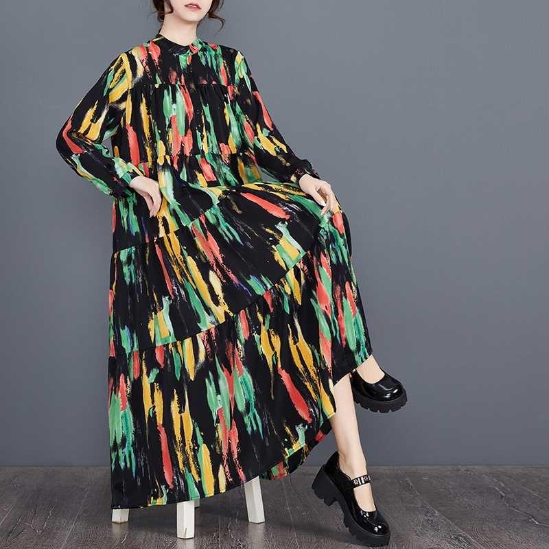 Real Spot Spring and Summer New Loose Large Size Fashion Printing Splicing Long Sleeve Cake Dress Dress