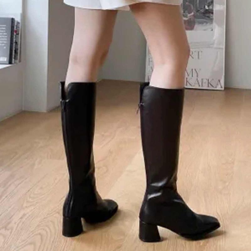 Street Style Fyrkantig Klack Kvinnor Knähöga Stövlar Höst Vinter Mjukt Läder Damer Smala Koncisa Långa Damstövlar