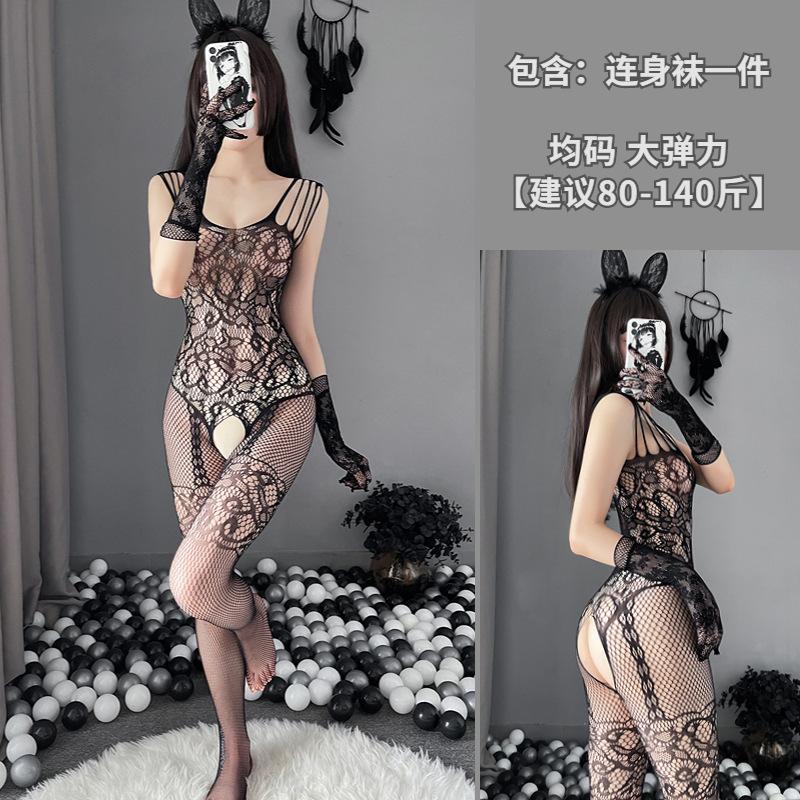 Sexy lingerie one-piece stockings mesh sexy black silk perspective seduction crotch passion free bed large size