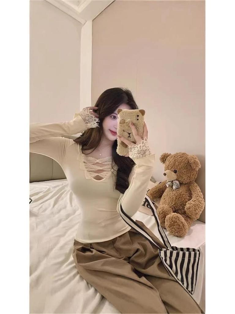 Lace Patchwork V-Neck Slim Fit Long Sleeve French Style Women's Top