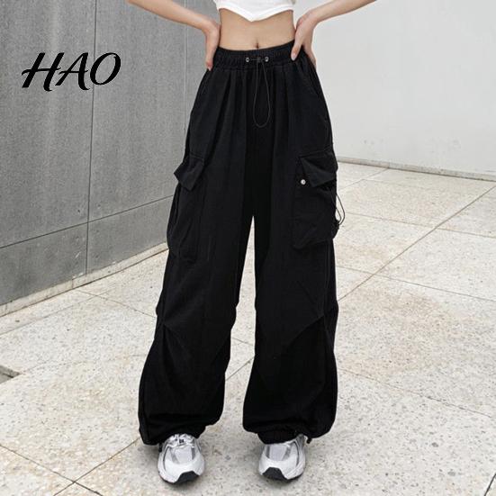 Women Cargo Pants Hip Hop Baggy Solid Color Multi Pockets Lady Trousers Elastic Waist Match Top Loose Breathable Clothes
