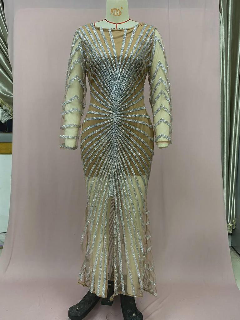 2025 Spring European & American Fashion: Hot Diamond See-Through Mesh Long-Sleeve Slit Dress