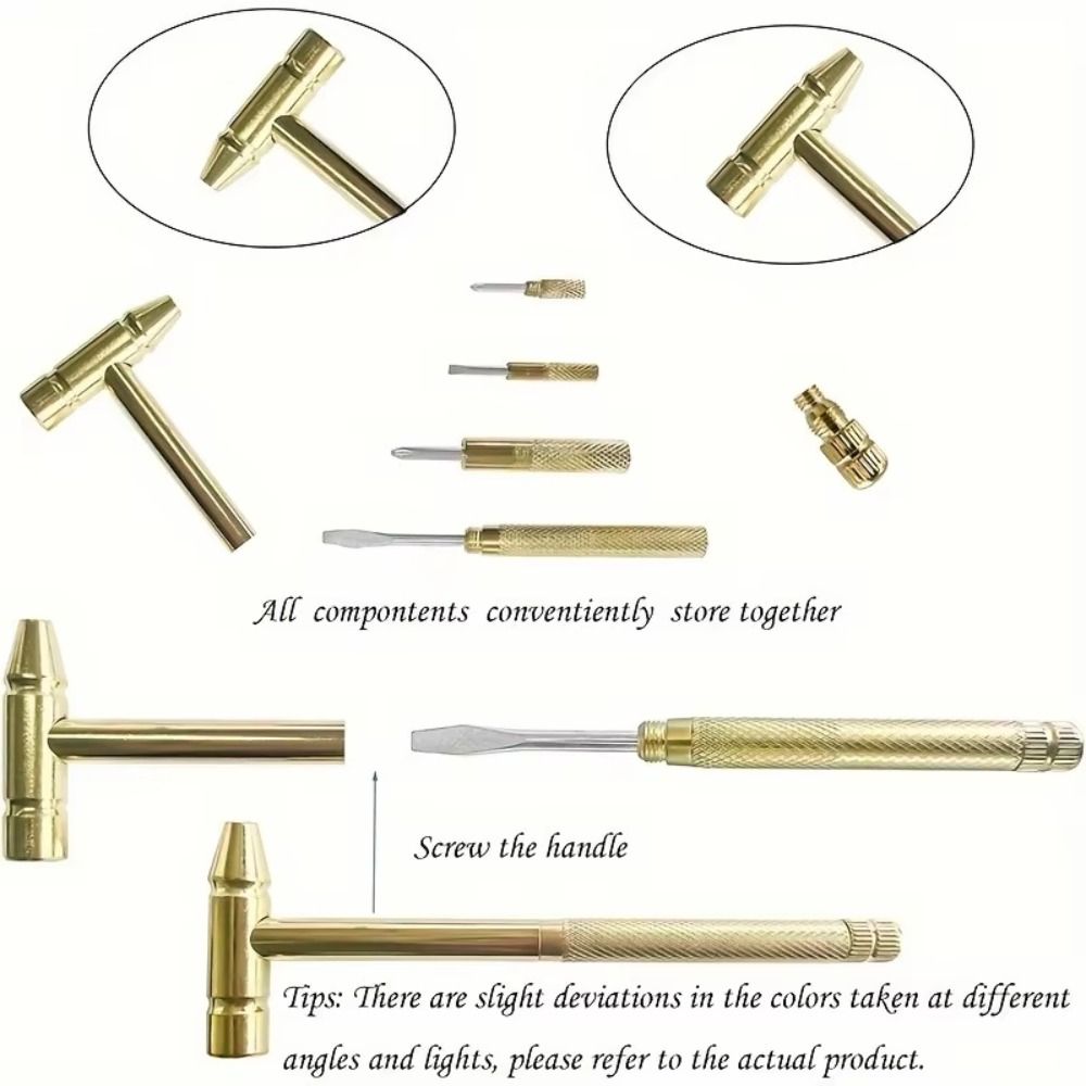 Kopparlegering Mini Hantverkshammare Guld Färg Mässingsmaterial Multifunktionshammare Avtagbar 6 i 1 Handverktyg Juvelerare Verktyg