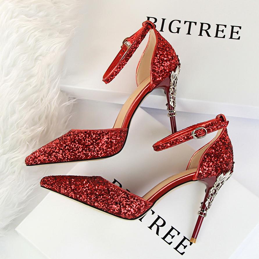 Bigtree European and American Fashion Sexy Hollow Out Nightclub Show Metal Heel  9.5cm High Heel Sparkle Sequins with Sandals