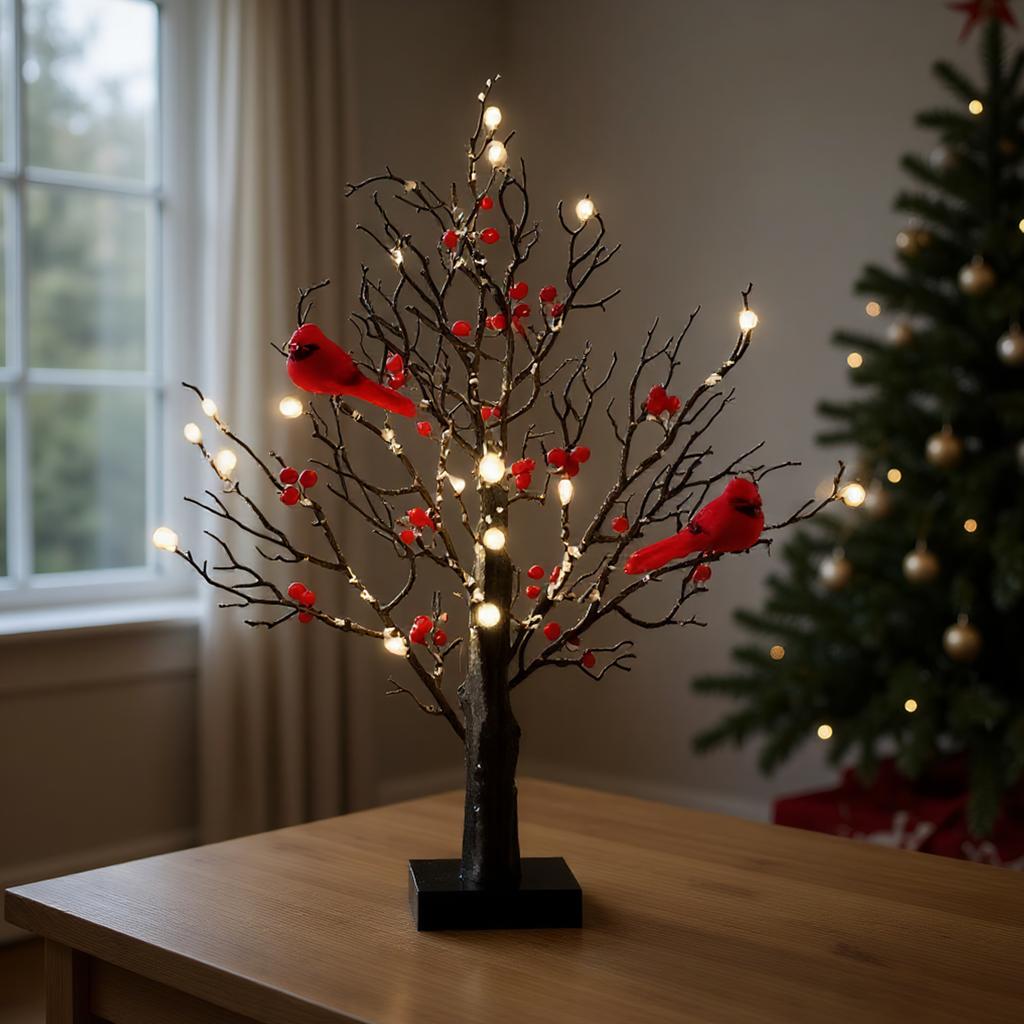 Christmas Glowing Tree Light Vintage Birch Tree LED Cardinal Little Red Bird Table Decoration for Xmas Indoor Home Decor