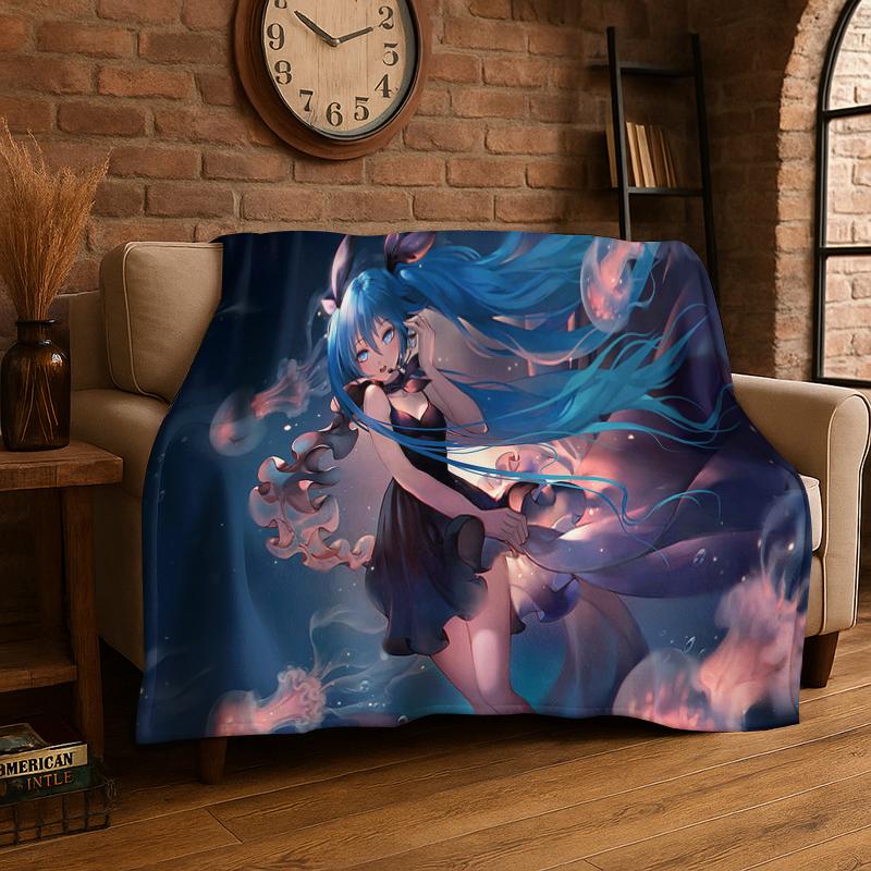 Music Girl M-MIKU Cartoon Flanelldecke Weiche Warme Überwurfdecke für Schlafzimmer Wohnzimmer Bett Reise Camping Picknick Geschenk