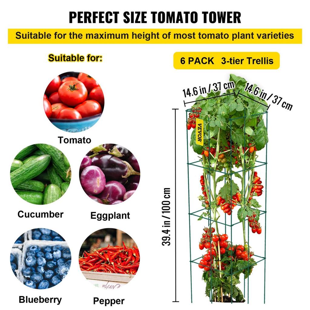 Tomato Cages, 14.6" X 14.6" X 39.4", 6 Packs Square Plant Support Cages, Green PVC-Coated Steel Tomato Towers for Climbing Vegetables, Plants,